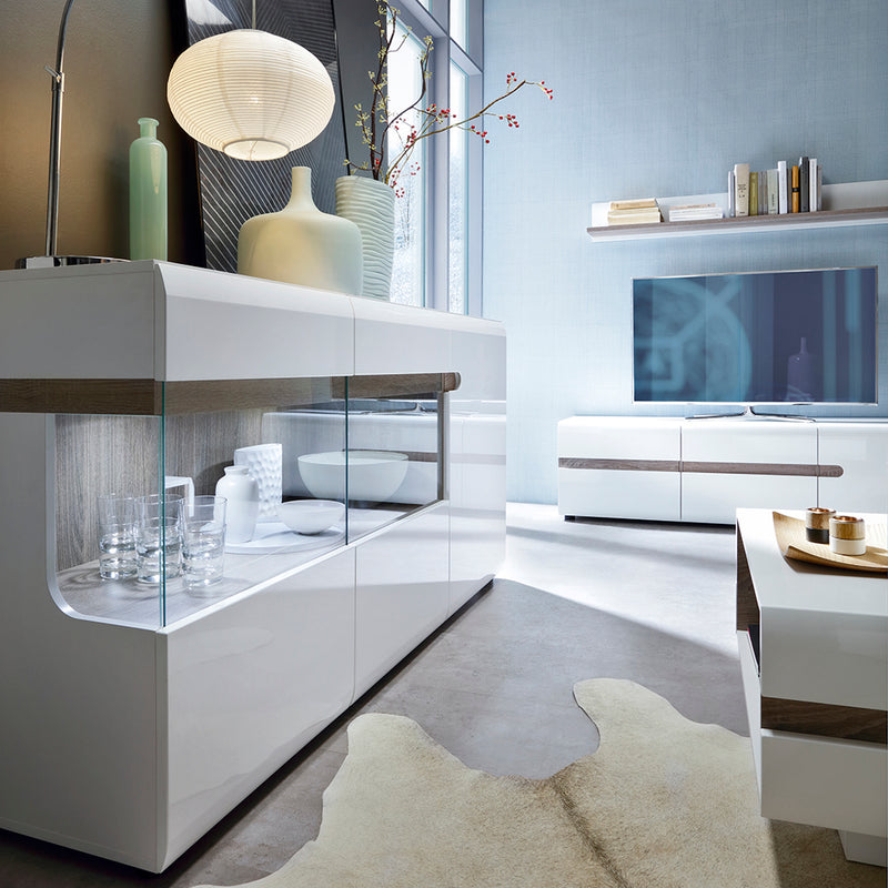 Chelsea Living 3 Door Glazed Sideboard in White with a Truffle Oak Trim — detail view