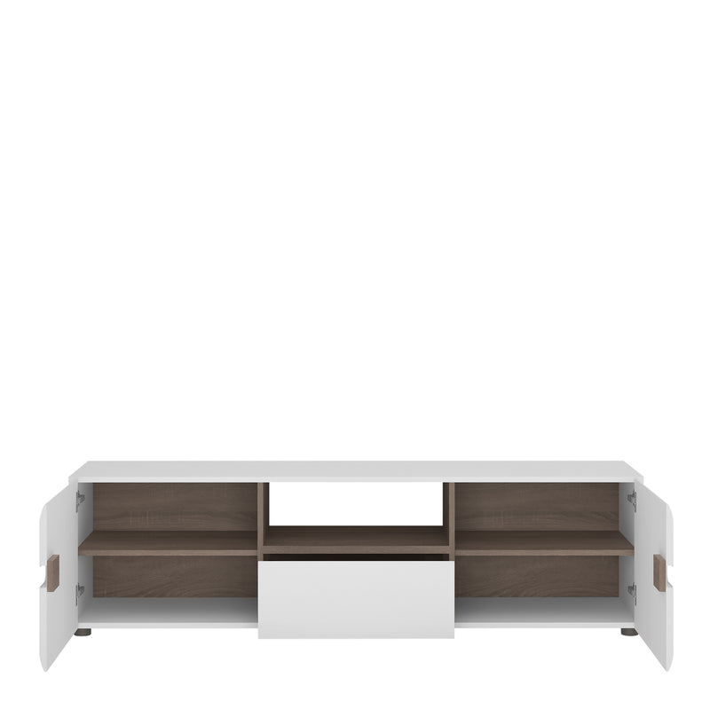 Chelsea Living Wide TV Unit in White with a Truffle Oak Trim — side angle