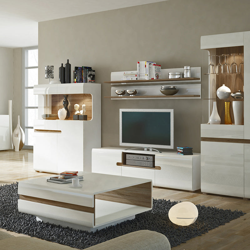 Chelsea Living Wide TV Unit in White with a Truffle Oak Trim — alternative angle