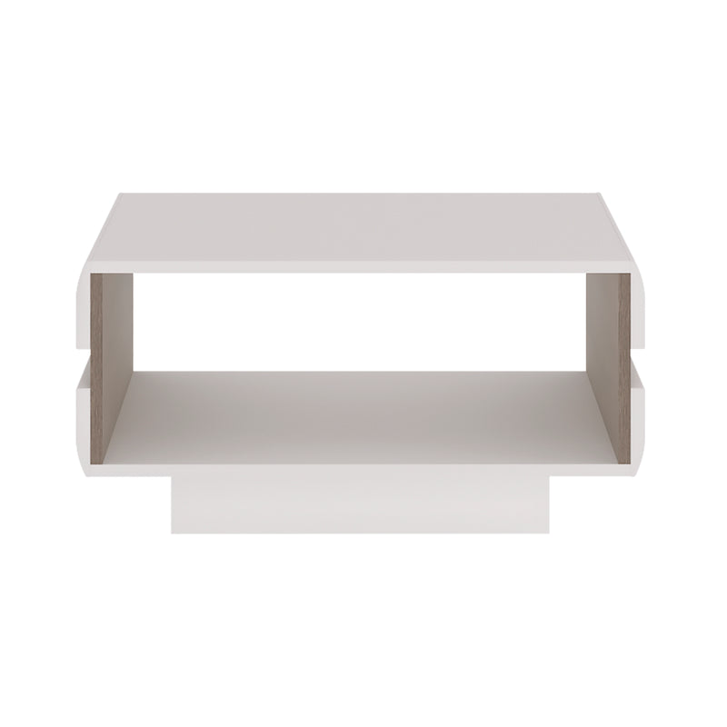 Chelsea Living Small Designer Coffee Table in White with a Truffle Oak Trim — side angle