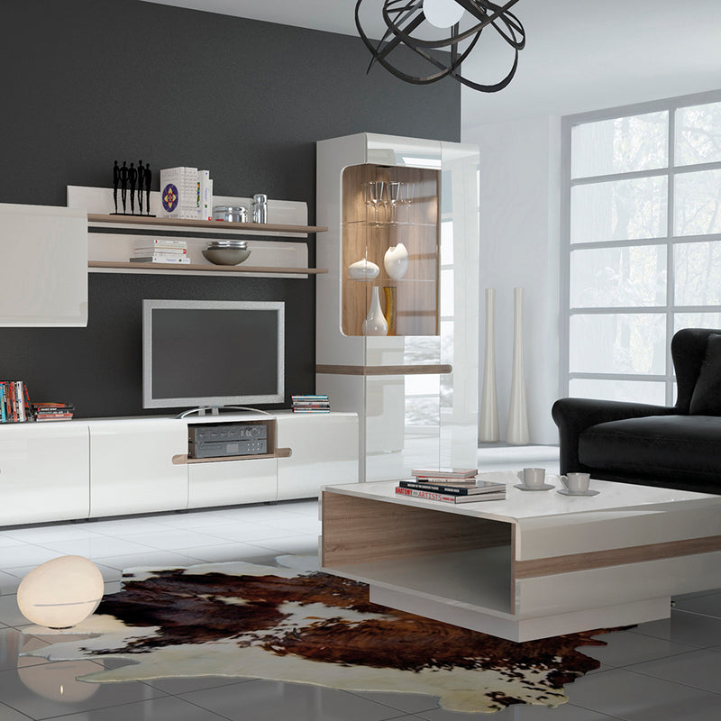 Chelsea Living Small Designer Coffee Table in White with a Truffle Oak Trim — alternative angle