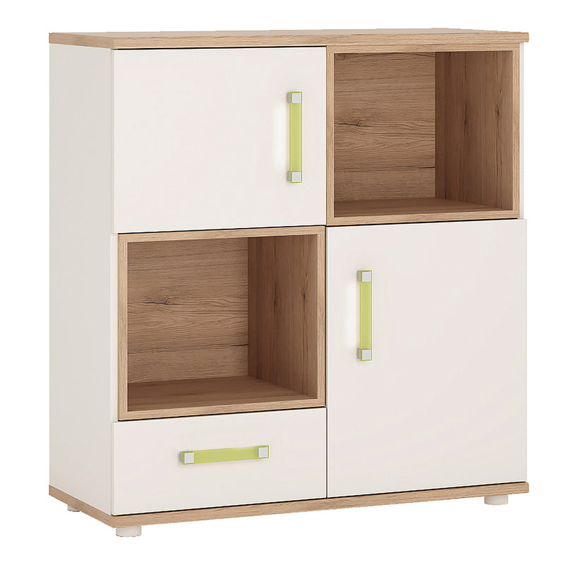 4KIDS 2 Door 1 Drawer Cupboard with 2 Open Shelves with Lemon Handles — front view