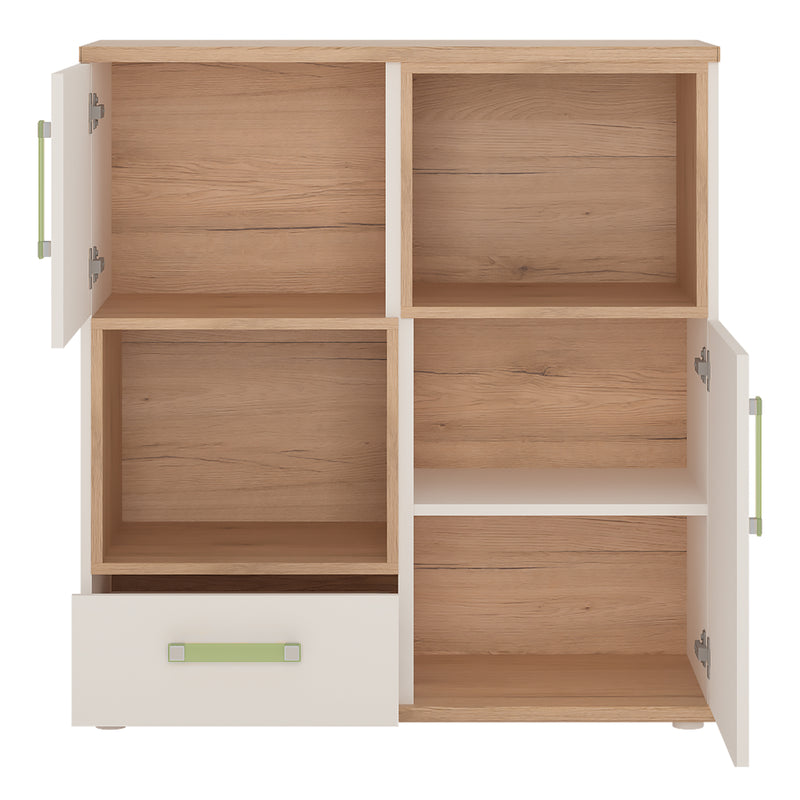 4KIDS 2 Door 1 Drawer Cupboard with 2 Open Shelves with Lemon Handles — side angle