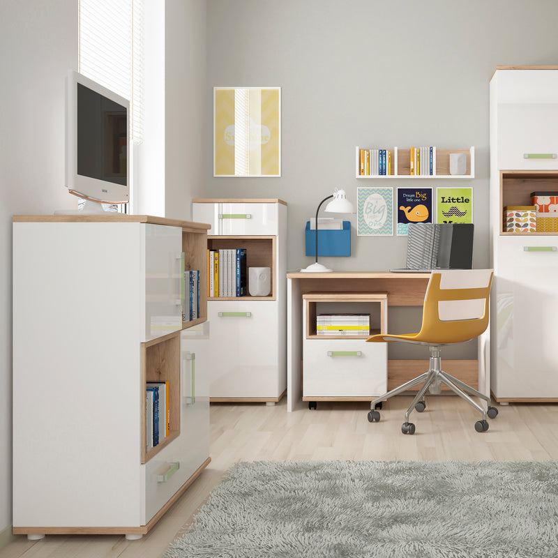 4KIDS 2 Door 1 Drawer Cupboard with 2 Open Shelves with Lemon Handles — detail view