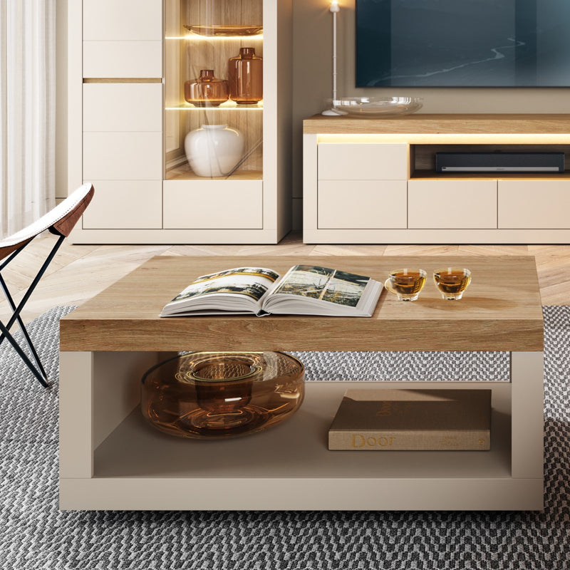 Naxxar Coffee Table in Cashmere and Stone Oak - lifestyle