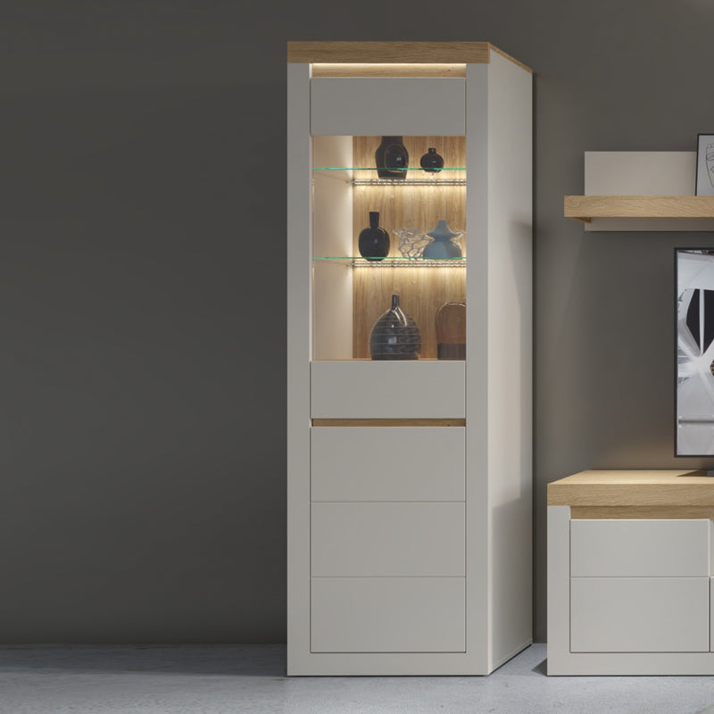 Naxxar Tall Display Cabinet 1 Door in Cashmere and Stone Oak - lifestyle