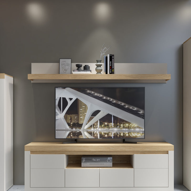 Naxxar Wall Shelf 194cm in Cashmere and Stone Oak - lifestyle