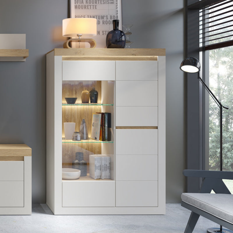 Naxxar 2 Door Display Cabinet RH in Cashmere and Stone Oak - lifestyle