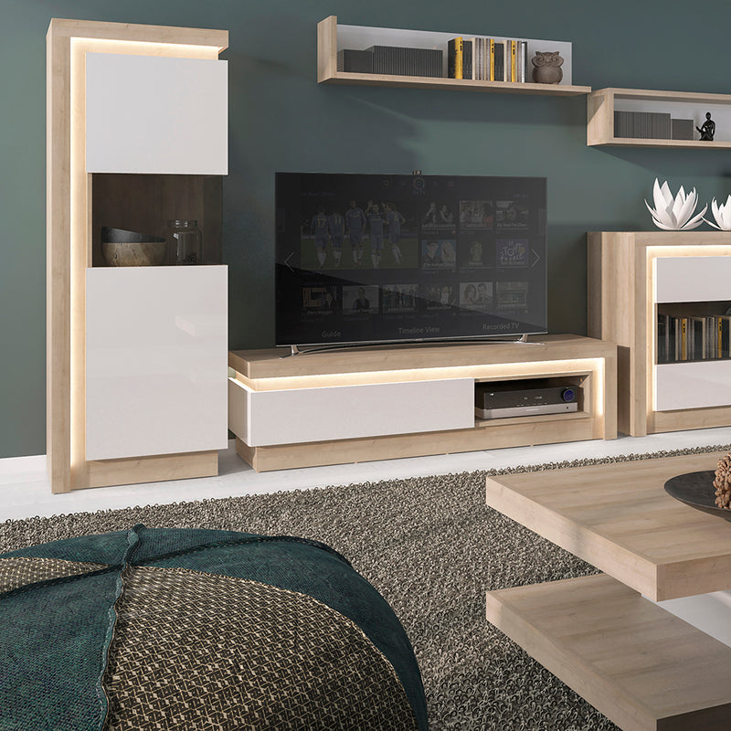 Lyon 1 Drawer TV Cabinet with Open Shelf in Riviera Oak/White High Gloss — detail view