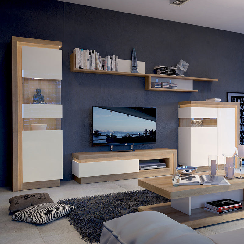Lyon 1 Drawer TV Cabinet with Open Shelf in Riviera Oak/White High Gloss — alternative angle