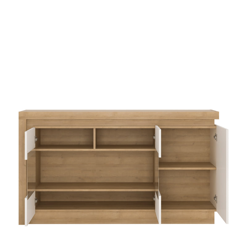 Lyon 3 Door Glazed Sideboard in Riviera Oak/White High Gloss — side angle