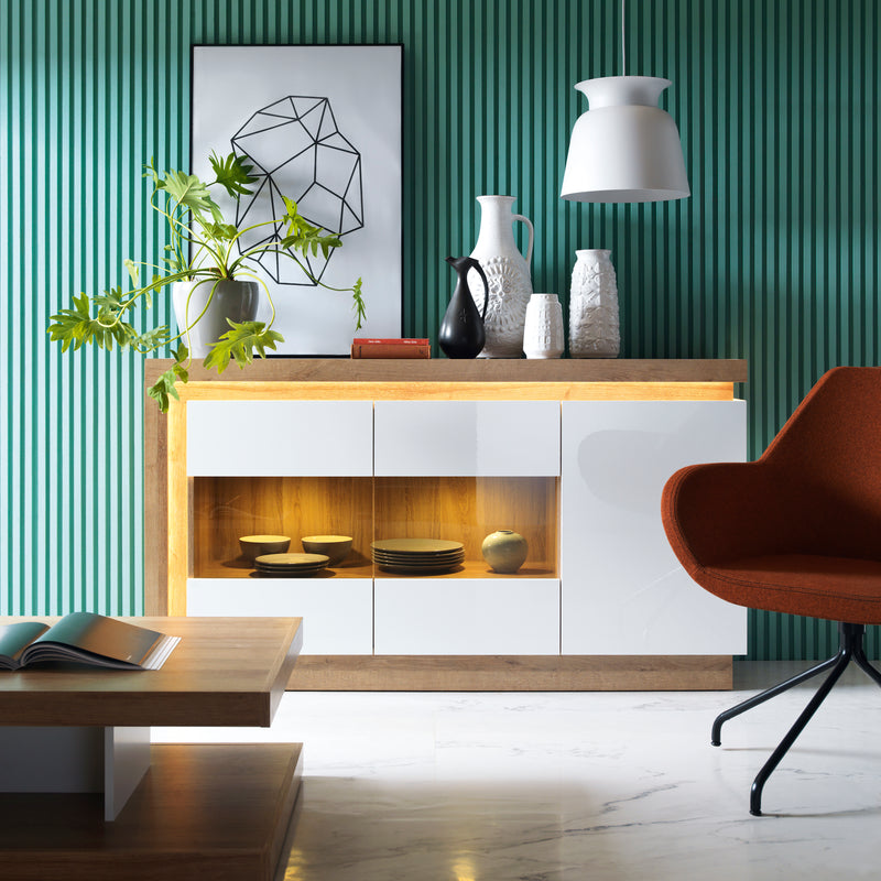 Lyon 3 Door Glazed Sideboard in Riviera Oak/White High Gloss — detail view