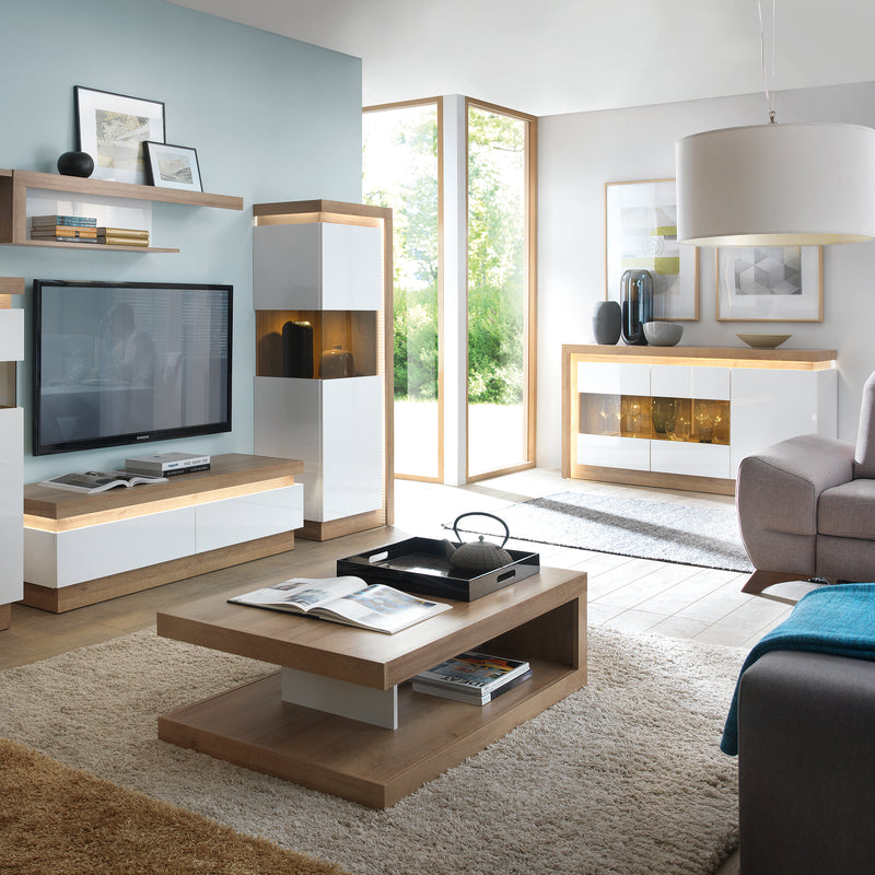 Lyon 3 Door Glazed Sideboard in Riviera Oak/White High Gloss — alternative angle