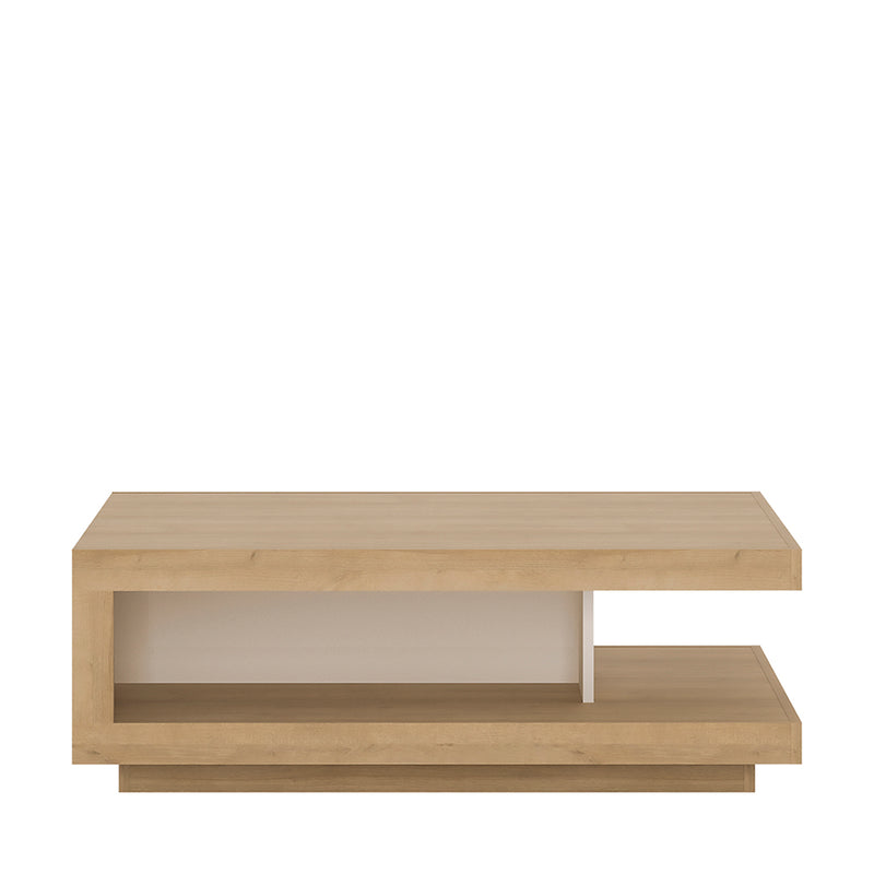 Lyon Designer Coffee Table in Riviera Oak/White High Gloss — side angle