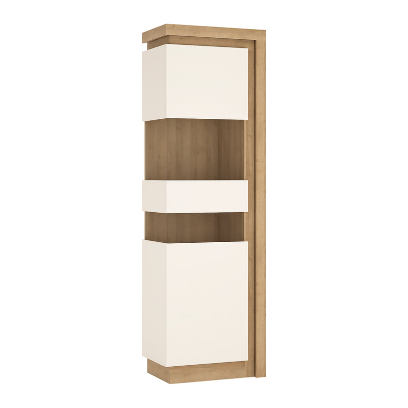 Lyon Tall Narrow Display Cabinet (LHD) in Riviera Oak/White High Gloss — front view