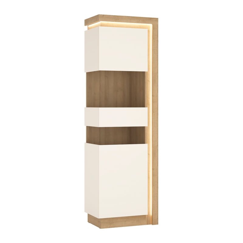 Lyon Tall Narrow Display Cabinet (LHD) in Riviera Oak/White High Gloss — side angle