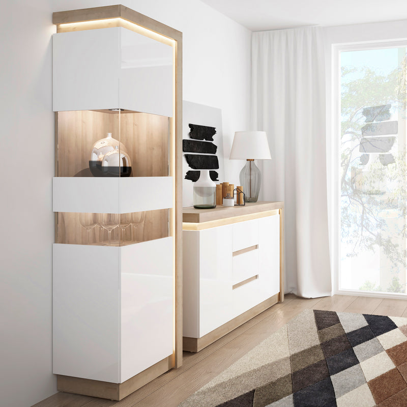 Lyon Tall Narrow Display Cabinet (LHD) in Riviera Oak/White High Gloss — alternative angle