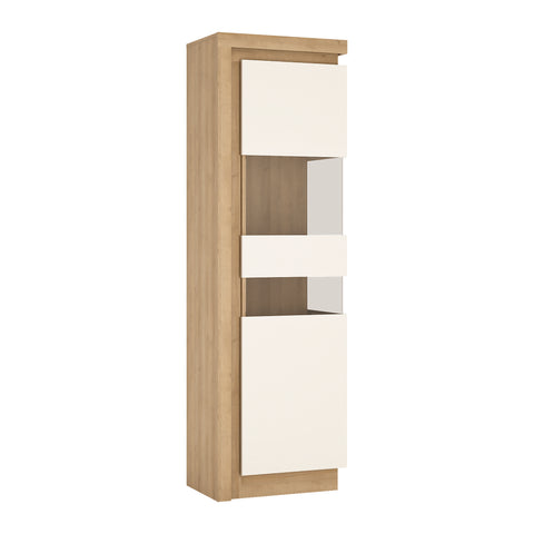 Lyon Tall Narrow Display Cabinet (RHD) in Riviera Oak/White High Gloss — front view