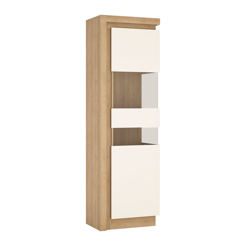 Lyon Tall Narrow Display Cabinet (RHD) in Riviera Oak/White High Gloss — front view