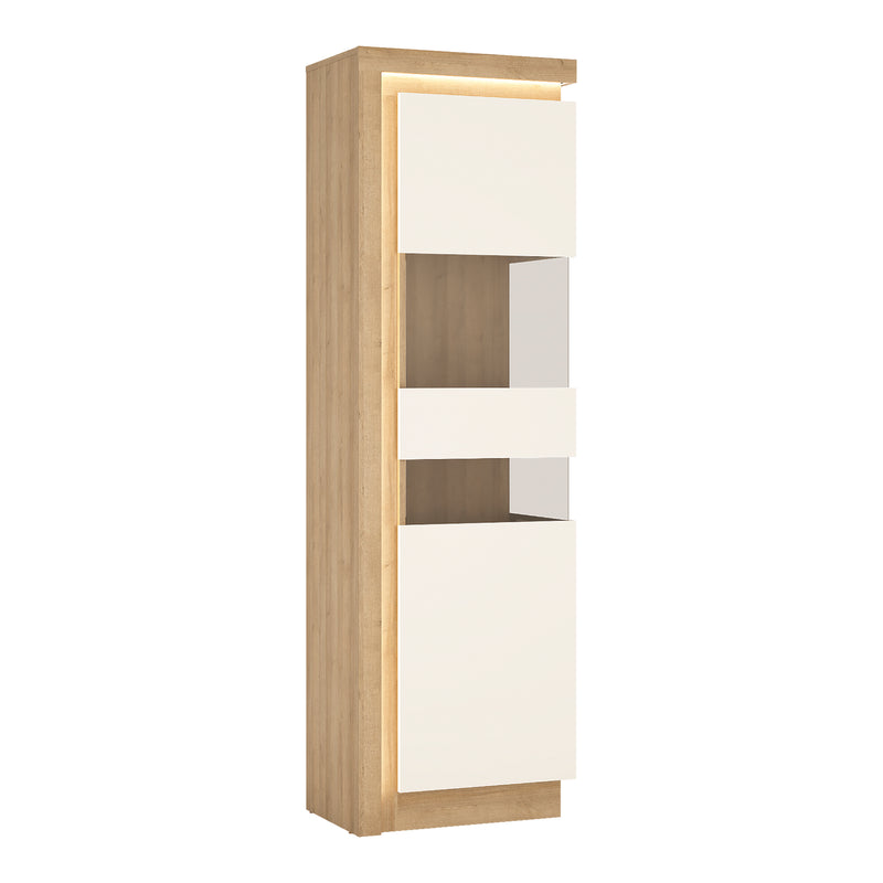 Lyon Tall Narrow Display Cabinet (RHD) in Riviera Oak/White High Gloss — side angle