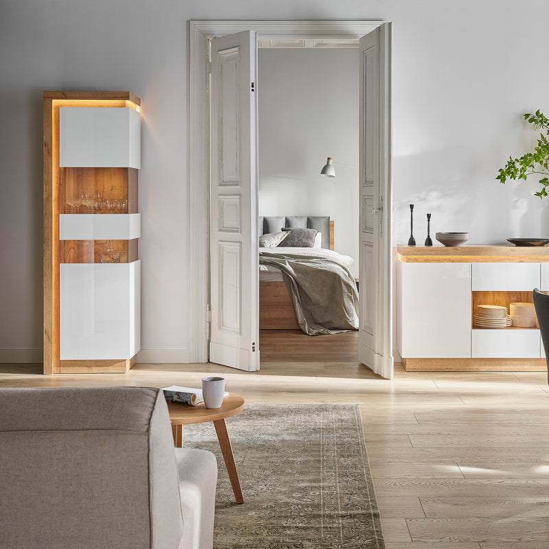 Lyon Tall Narrow Display Cabinet (RHD) in Riviera Oak/White High Gloss — alternative angle