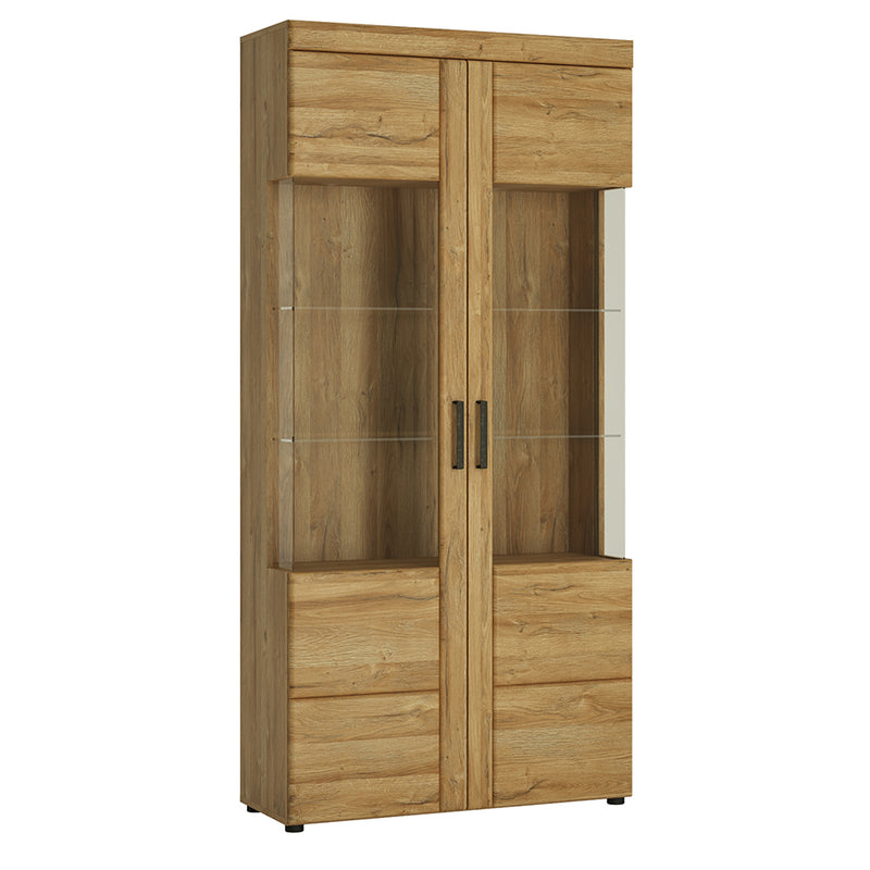Cortina Tall Wide 2 Door glazed Display Cabinet in Grandson Oak — front view