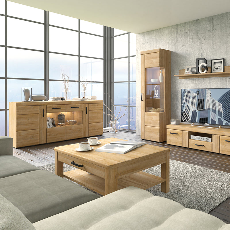 Cortina 4 Door Wide Glazed Sideboard in Grandson Oak — detail view