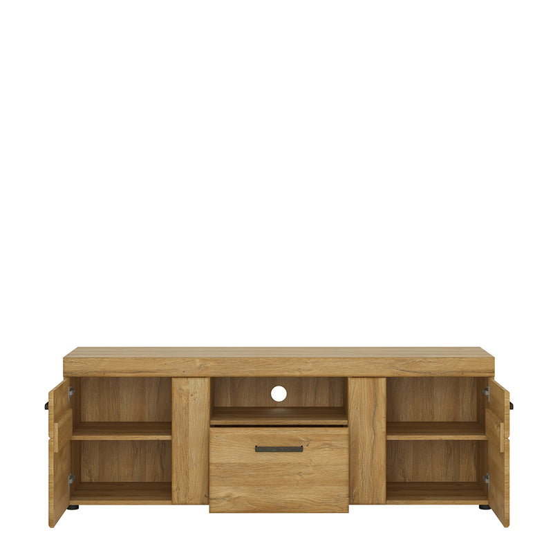 Cortina 2 Door 1 Drawer Tall TV Cabinet in Grandson Oak — side angle