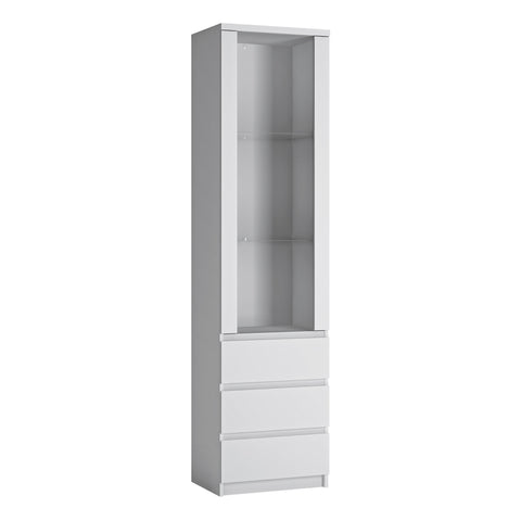 Fribo Tall Narrow 1 Door 3 Drawer Glazed Display Cabinet in White — front view