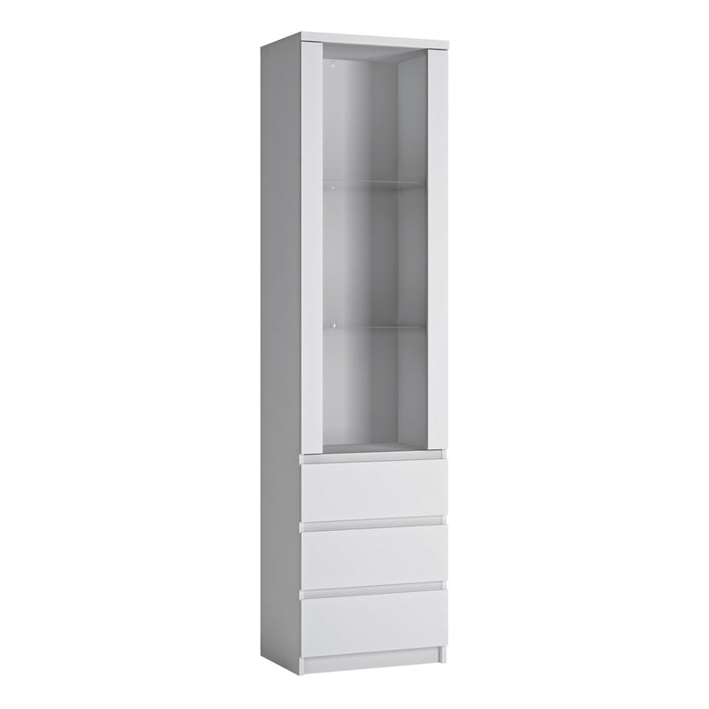 Fribo Tall Narrow 1 Door 3 Drawer Glazed Display Cabinet in White — front view