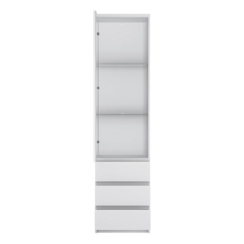 Fribo Tall Narrow 1 Door 3 Drawer Glazed Display Cabinet in White — side angle