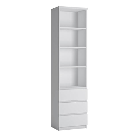 Fribo Tall Narrow 3 Drawer Bookcase in White — front view