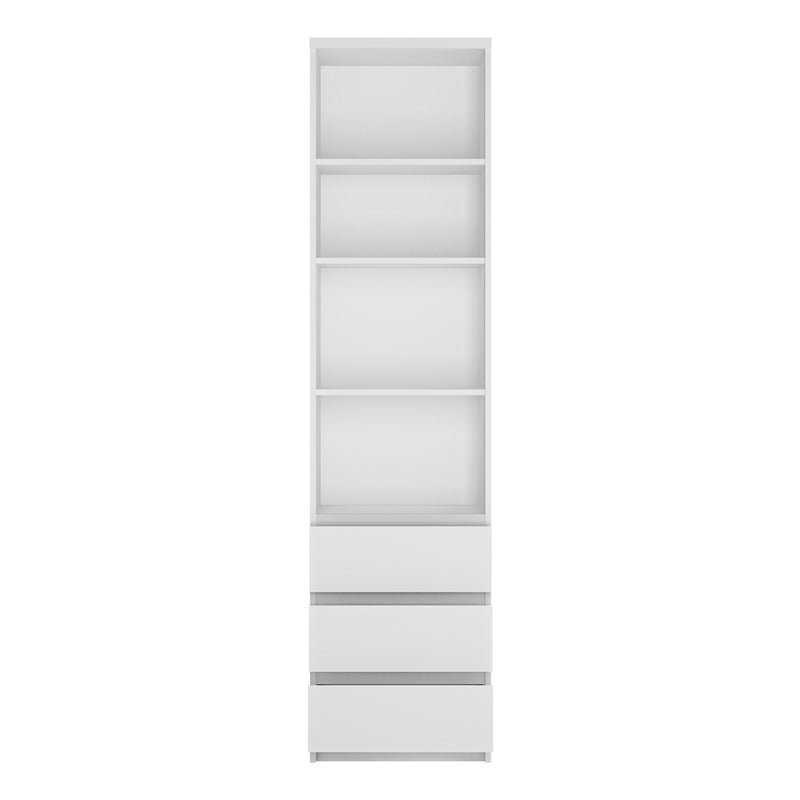 Fribo Tall Narrow 3 Drawer Bookcase in White — side angle