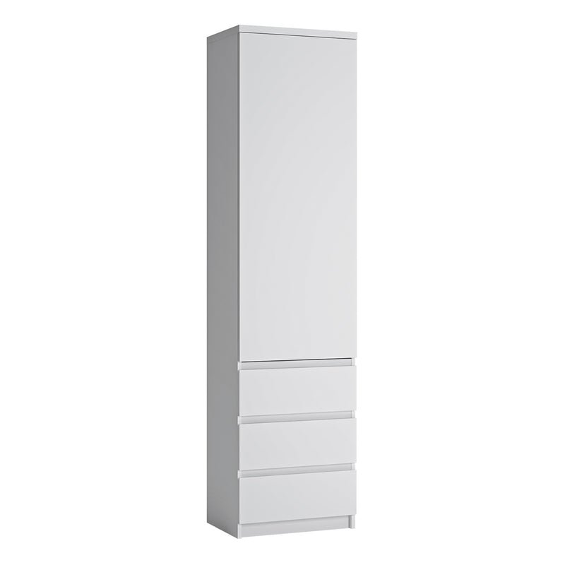 Fribo Tall Narrow 1 Door 3 Drawer Cupboard in White — front view