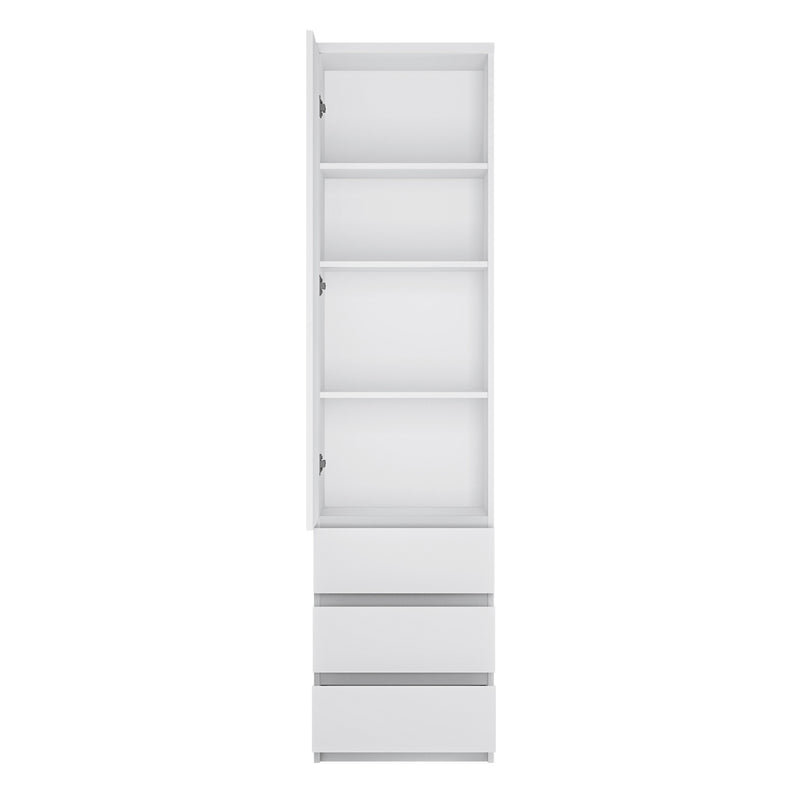 Fribo Tall Narrow 1 Door 3 Drawer Cupboard in White — side angle
