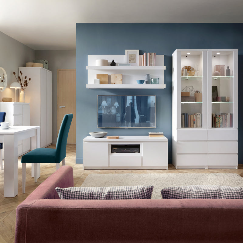 Fribo 2 Door 1 Drawer 136cm Wide TV Cabinet in White — detail view