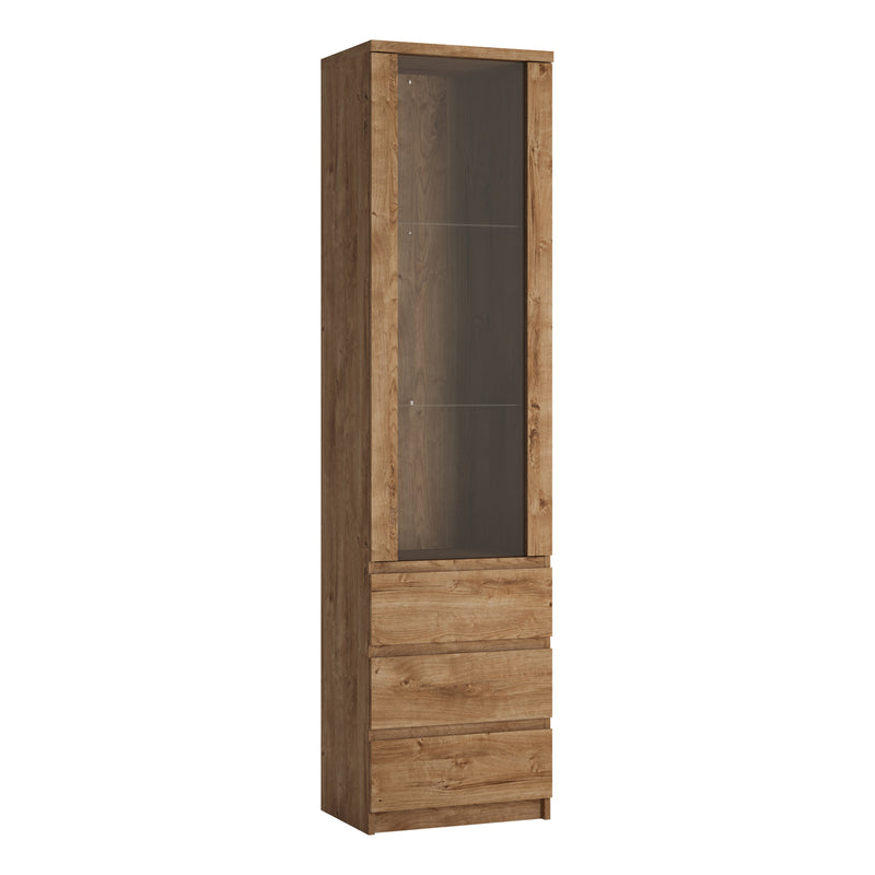 Fribo Tall Narrow 1 Door 3 Drawer Glazed Display Cabinet in Oak — front view