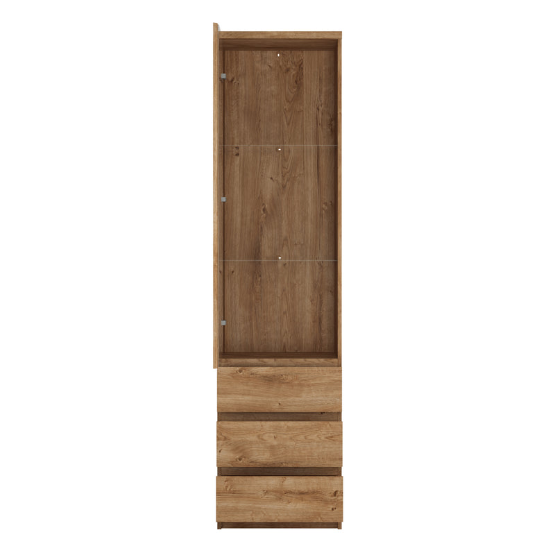 Fribo Tall Narrow 1 Door 3 Drawer Glazed Display Cabinet in Oak — side angle