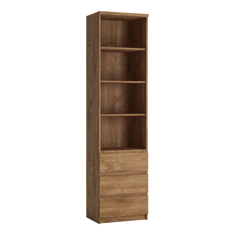 Fribo Tall Narrow 3 Drawer Bookcase in Oak — front view