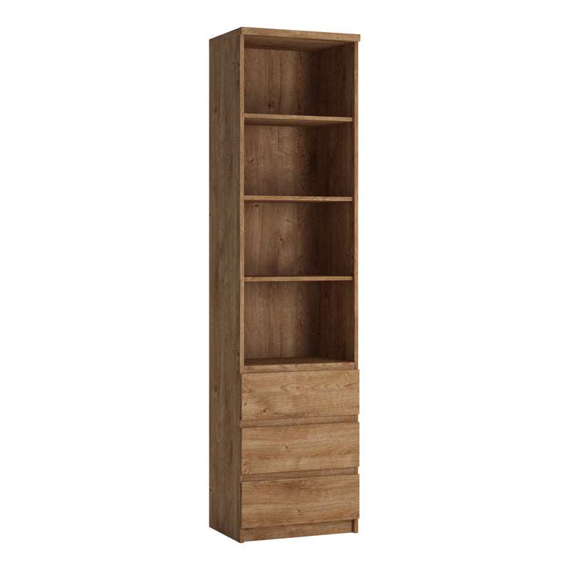Fribo Tall Narrow 3 Drawer Bookcase in Oak — front view