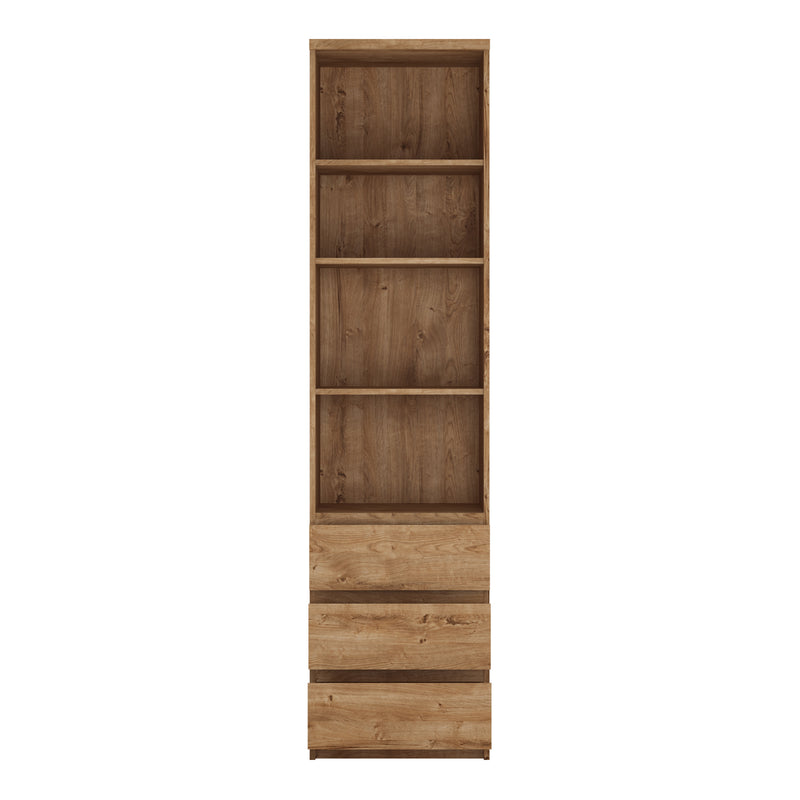 Fribo Tall Narrow 3 Drawer Bookcase in Oak — side angle