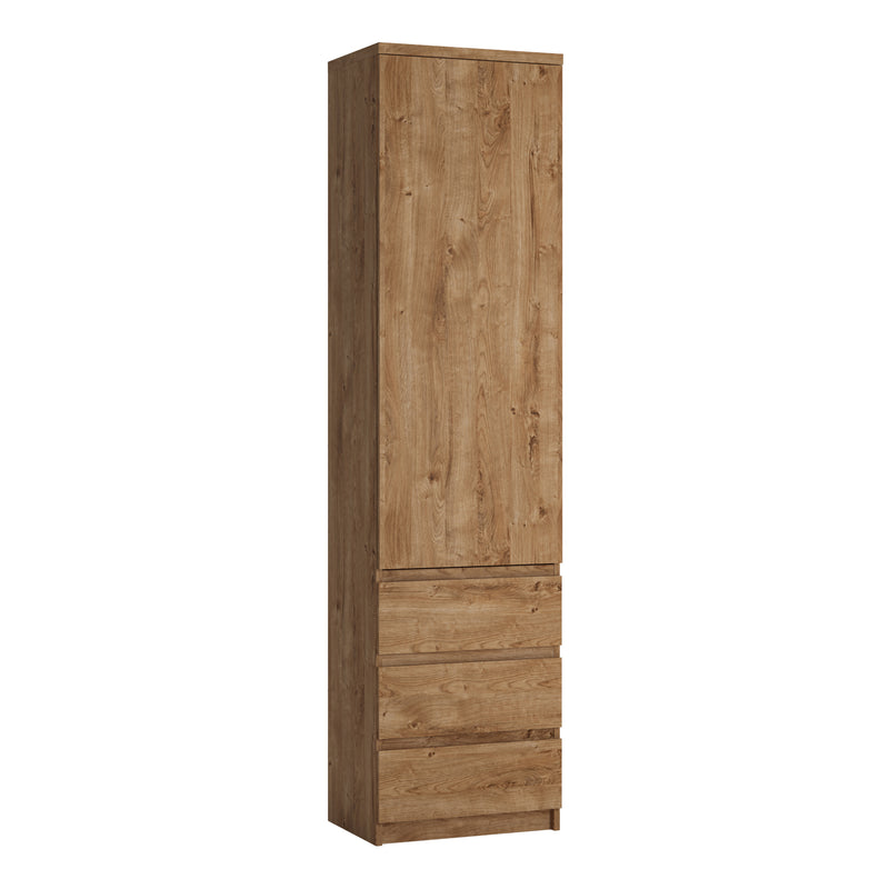 Fribo Tall Narrow 1 Door 3 Drawer Cupboard in Oak — front view