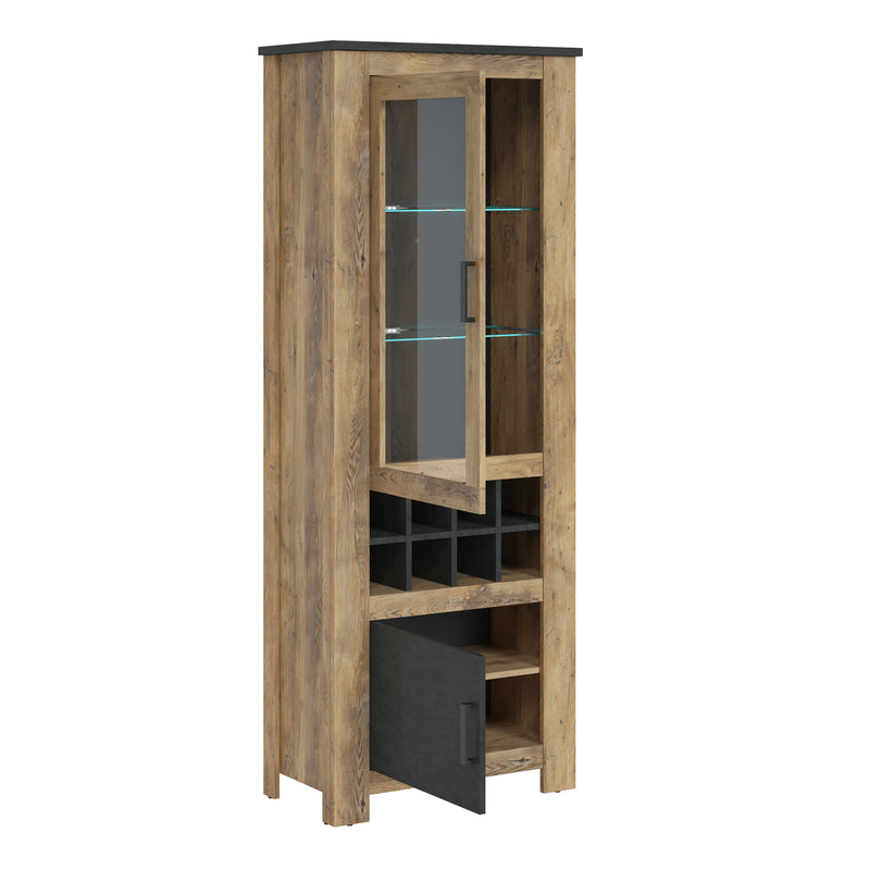 Rapallo 2 Door Display Cabinet with Wine Rack in Chestnut and Matera Grey — side angle