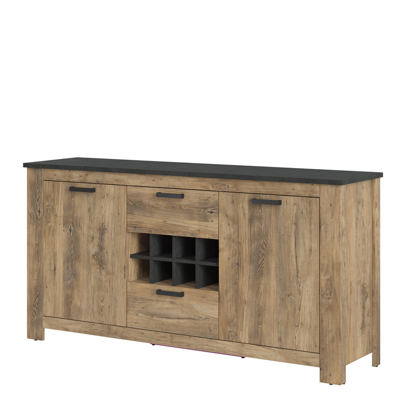 Rapallo 2 Door 2 Drawer Sideboard with Wine Rack in Chestnut and Matera Grey — side angle