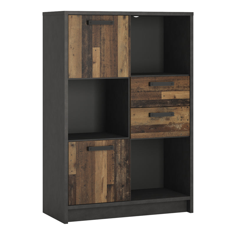 Brooklyn Low Bookcase with 2 Doors and 2 Drawers in Walnut and Dark Matera Grey — front view