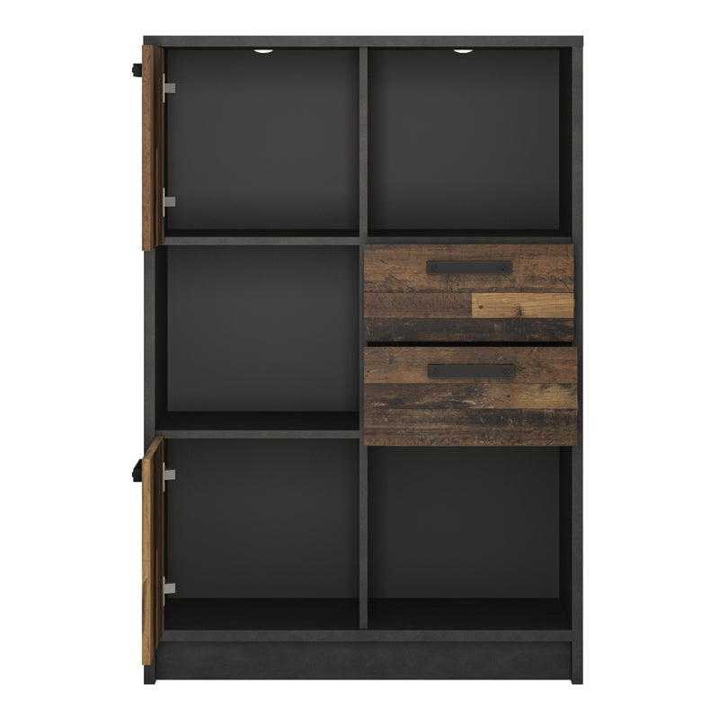 Brooklyn Low Bookcase with 2 Doors and 2 Drawers in Walnut and Dark Matera Grey — side angle