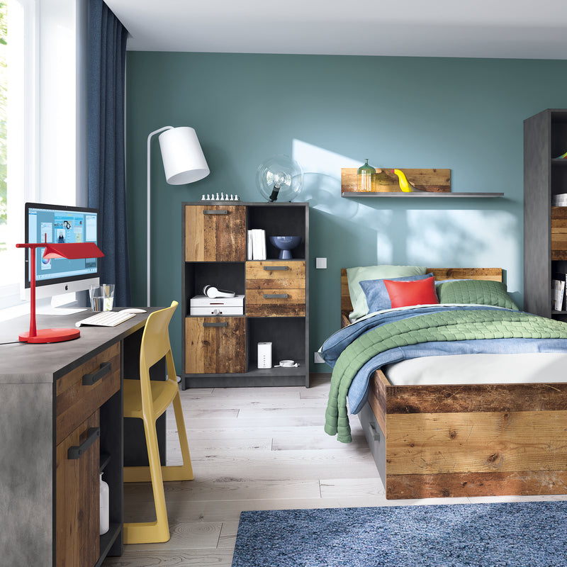 Brooklyn Low Bookcase with 2 Doors and 2 Drawers in Walnut and Dark Matera Grey — detail view