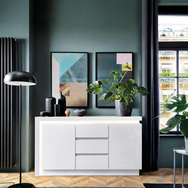 Lyon 2 Door 3 Drawer Sideboard (including LED lighting) in White and High Gloss — detail view