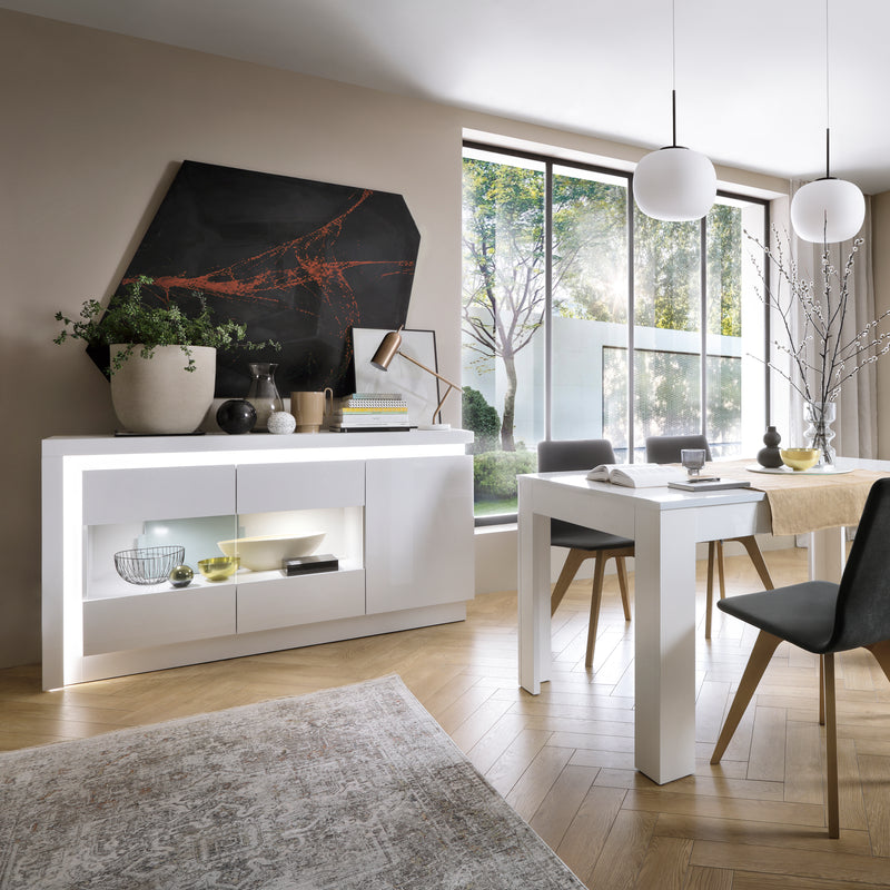 Lyon 3 Door Glazed Sideboard (including LED lighting) in White and High Gloss — detail view