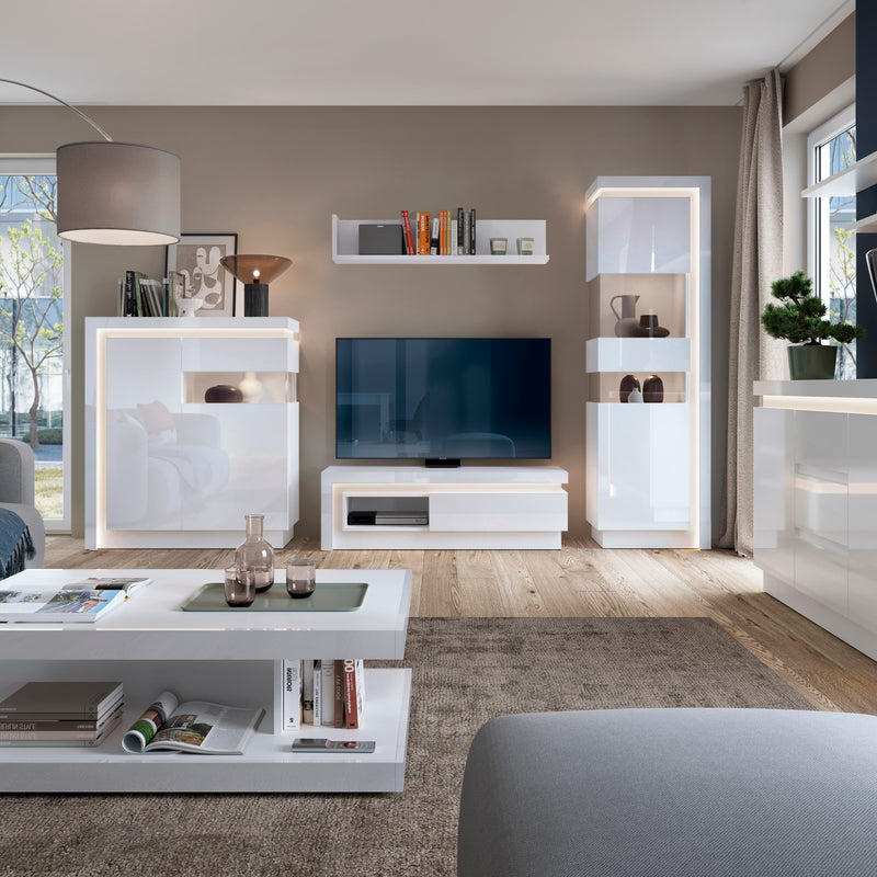 Lyon Tall Narrow Display Cabinet (LHD) (including LED lighting) in White and High Gloss — detail view